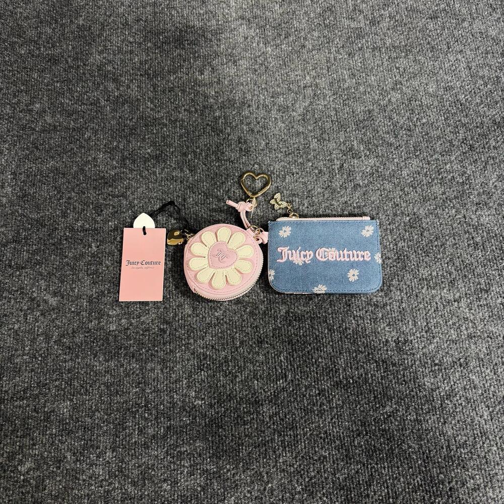 Juicy Couture Wallet Wristlet Womens Denim Pink Daisy Logo Card Holder Butterfly
